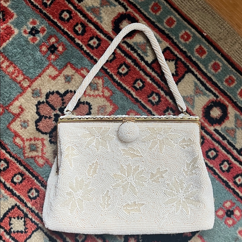 Vintage French DELILL Purse white bead flower/leaves  mini strap dainty art deco